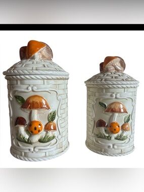 2 Hi Mark Canisters Mushroom Ivory Weave Cottagecore Granny Farmhouse Boho Vtg
